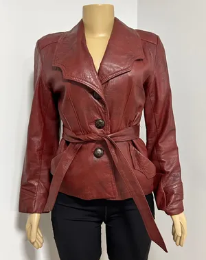 Womens Genuine Leather Belted Blazer Jacket Burgundy Size‎ Small thumbnail 1