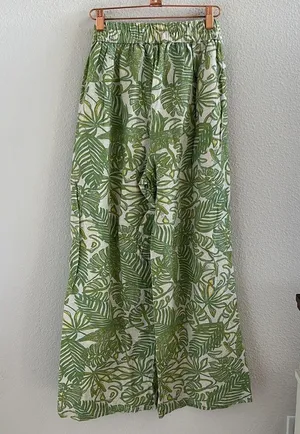 Midnight sky Modern Aloha Palm Linen Cotton Rayon Wide Leg Elastic Waist Pants S thumbnail 2