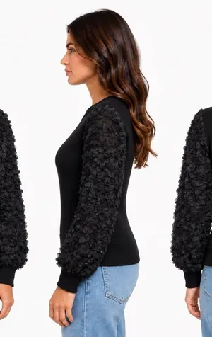 Anthropologie Black Textured Puff Sleeve Sweater Size Large Statement Sleeve thumbnail 1
