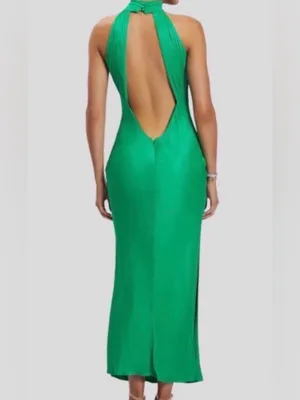 NWT Meshki Claire drape back Dress Green maxi satin open back size XS halter thumbnail 2