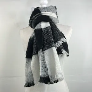 SCARF Chunky Warm Cozy large block plaid rectangular scarf black and white thumbnail 3