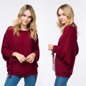 Burgundy Ruched Lace Up Sleeve Sweater thumbnail 2
