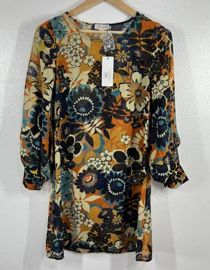 Molly Bracken Floral Print Mini‎ Dress Long Sleeve Sheer Chiffon Boho Small Chic thumbnail 1