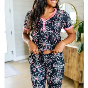 Shirley & Stone Womens Halloween Spider‎ Web Henley Pajama Set Pink Black Medium thumbnail 5