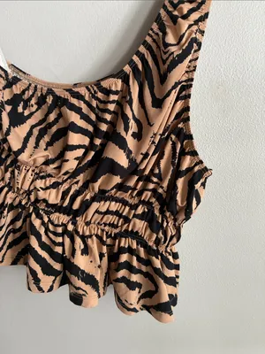 Zebra Print Ruched Peplum Tank Top Ruffle Stretch Tan Black Size Small thumbnail 2