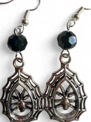 Handmade Silver Spiderweb Spider Black Bead Earrings thumbnail 3