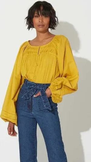Cleobella Nerea Cotton Blouse in Citrine Yellow‎ Balloon Sleeves Size Medium thumbnail 1