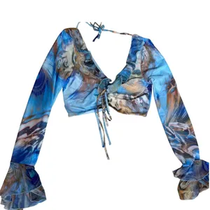 Outcast vacation beachy long sleeve sheer sexy crop mesh‎ blue patterned top L thumbnail 3