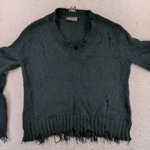 Wooden Ships Paola Buendia Distressed V-Neck Mohair Wool Knit Sweater‎ Green S/M thumbnail 3