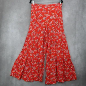 Red Floral Wide Leg Boho Y2K Cottage Pull On Straight Leg Flowy Pants Medium thumbnail 3