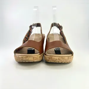 Crocs A-Leigh Brown Leather Cork Wedge Sandals Slingback Peep Toe Comfort Size 8 thumbnail 6