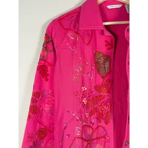 Laura Ashley Womens Pink‎ Embroidered Floral Applique Denim Jacket Small Spring thumbnail 2