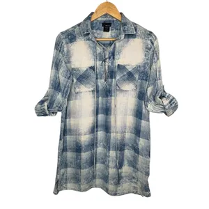 Wet Seal‎ Plaid Lace Up Tunic Womens Medium Blue Distressed Roll Tab Sleeve thumbnail 3