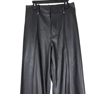 Zara Black Faux Leather Wide Leg Pants Pleat Front Trousers Edgy Office Size 2 thumbnail 2