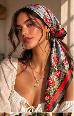 M.O.S.I Floral Satin‎ Scarf 34"x 34" Square Red Olive Cottagecore Romantic thumbnail 1