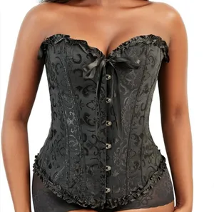 Black Satin Jacquard Lace Up Back Corset Size XL thumbnail 1