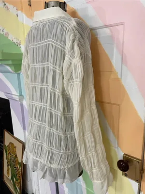 SNDYS La Louisiane Shirred Sheer Flare Sleeve Cream Button Front Top Sz M 💛🎀 thumbnail 9