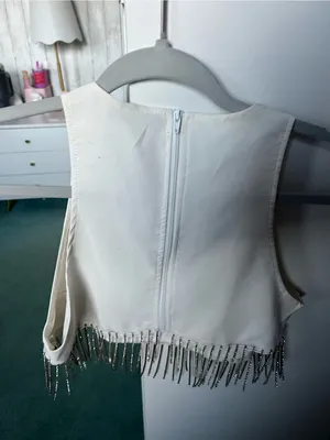 SHEIN White Beaded Fringe Halter Crop Top with Silver Accents thumbnail 3