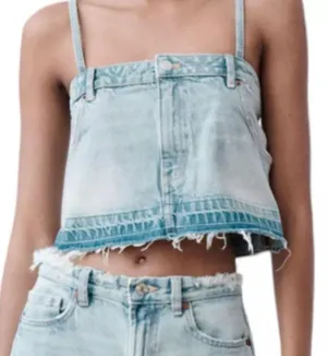 ZARA NWT Cropped Denim Jean Top Distressed w/ Spaghetti Straps Light Blue Wash thumbnail 1