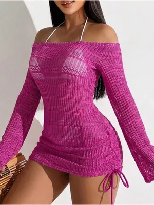 SheIn Off-Shoulder Fuchsia Knit Beach Cover-Up Dress thumbnail 1