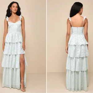 LULU's Flirty Floral Roses Prom Wedding Formal Event Sexy Tiered Ruffles Maxi thumbnail 5