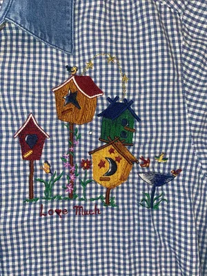 Quaker Factory Blue Gingham Button-Up Shirt with Embroidered Birdhouses thumbnail 4