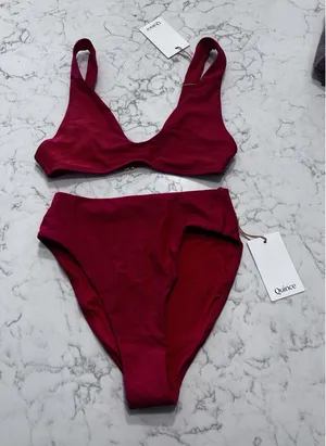 NWT Quince Cherry Red Italian Plunge Bikini Top & High Rise High Leg Bottom Set thumbnail 1