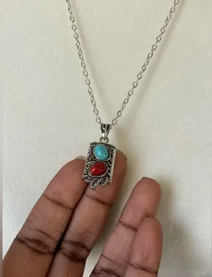 Turquoise & Coral Stone Silver Pendant Necklace. thumbnail 3