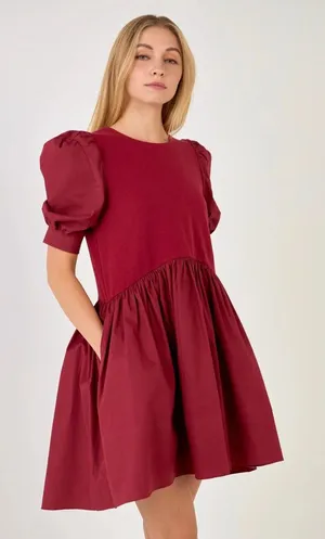 English Factory mixed Media Red Dress with Puff Sleeves thumbnail 1