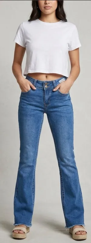 Telepatia medium wash low-rise flare jeans rough hem y2k 5/27. thumbnail 1