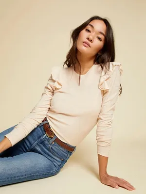 Nation LTD Dalila Victorian Crewneck Ruffled Slub Cotton Tee Antique Cream L thumbnail 1