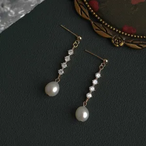 Elegant White Pear Dangle Drop Earrings for Women, CZ Pearl Earrings thumbnail 1