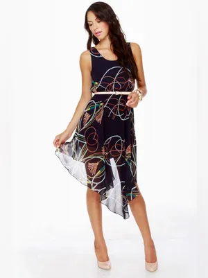 Hot & Delicious Navy Multicolor ‘Show me the Ropes’ Print Dress Sz S/M thumbnail 2