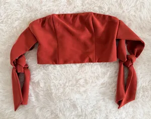 Tiger Mist Rust Red Off-The-Shoulder Tie Sleeve Crop Top thumbnail 1
