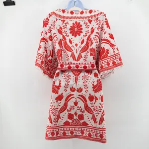 FARM Rio Jungle Flow Linen Toucan Pineapple Mini Dress M Red Boho Resort Wear thumbnail 8