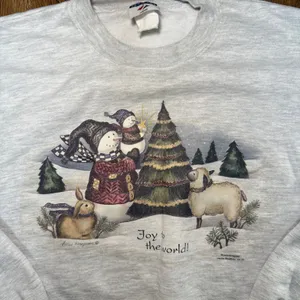 VTG 90s Jerzees Christmas Snowman Crewneck Sweatshirt Womens L Winter Scene‎ thumbnail 2