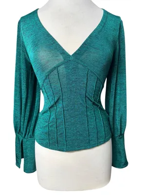 Free People Teal Green Heathered V-Neck Bishop Sleeve Pleated Top (S) thumbnail 2