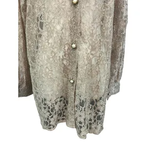 Floral Lace Blouse Button Down See Through Beige Long Sleeve Romantic Boho Chic thumbnail 4