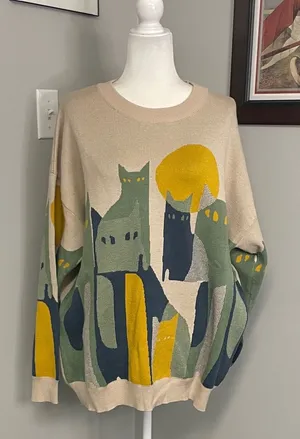 Aelfric Eden Cats Under the Moon Sweater oversized size Large Unisex Knit Green thumbnail 1