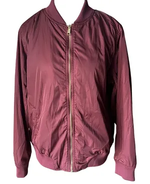 Old Navy Womens Burgundy Lightweight Zip Up Bomber Jacket‎ Large Maroon Gold Zip thumbnail 1