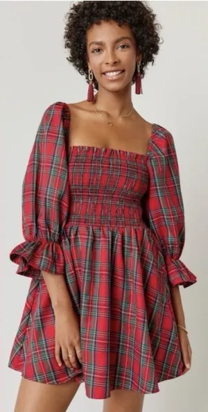 Audrey Parks Francesca's Effie Tartan Plaid Smocked Mini Dress XS NWT $70 thumbnail 1