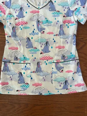 Disney Eeyore Sunshower Womens Scrub Top V-Neck Short Sleeve Pockets Size Small thumbnail 6