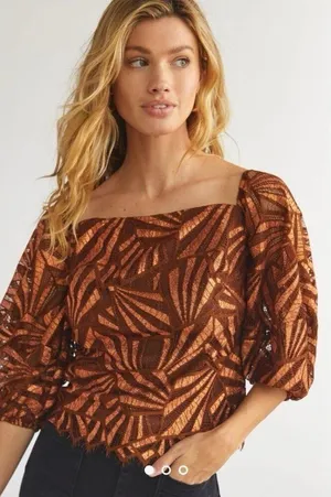 Anthropologie NWT Women XS Brown Metallic Geometric Print Blouse Glam Party Chic thumbnail 1