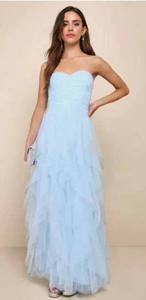 Lulus Delightful Beauty Blue Mesh Strapless Ruched Ruffled Maxi Dress thumbnail 1