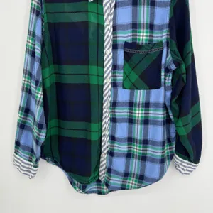 Aerie Flannel Mixed Plaid Button Down Shirt Medium Blue Green Colorblock Preppy thumbnail 4