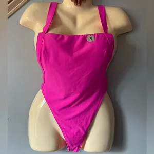Neon pink one piece bathing suit thumbnail 1