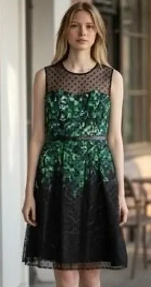 black and green floral cocktail dress sheer polka-dot mesh neckline thin belt 12 thumbnail 1