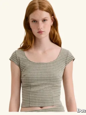 NWT Square Neck Cropped Houndstooth Top Black Size L thumbnail 1