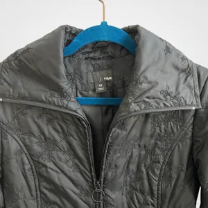 H&M Puffer Coat Women XS Black Floral Embroidered Quilted‎ Longline Funnel Neck thumbnail 2