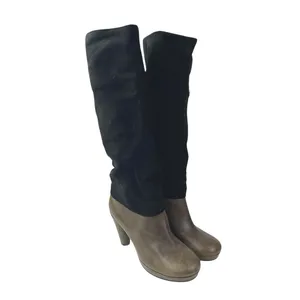 Joy Chen Women's Black Brown Suede Leather Round Toe Heeled Tall Boots Size 7 thumbnail 5